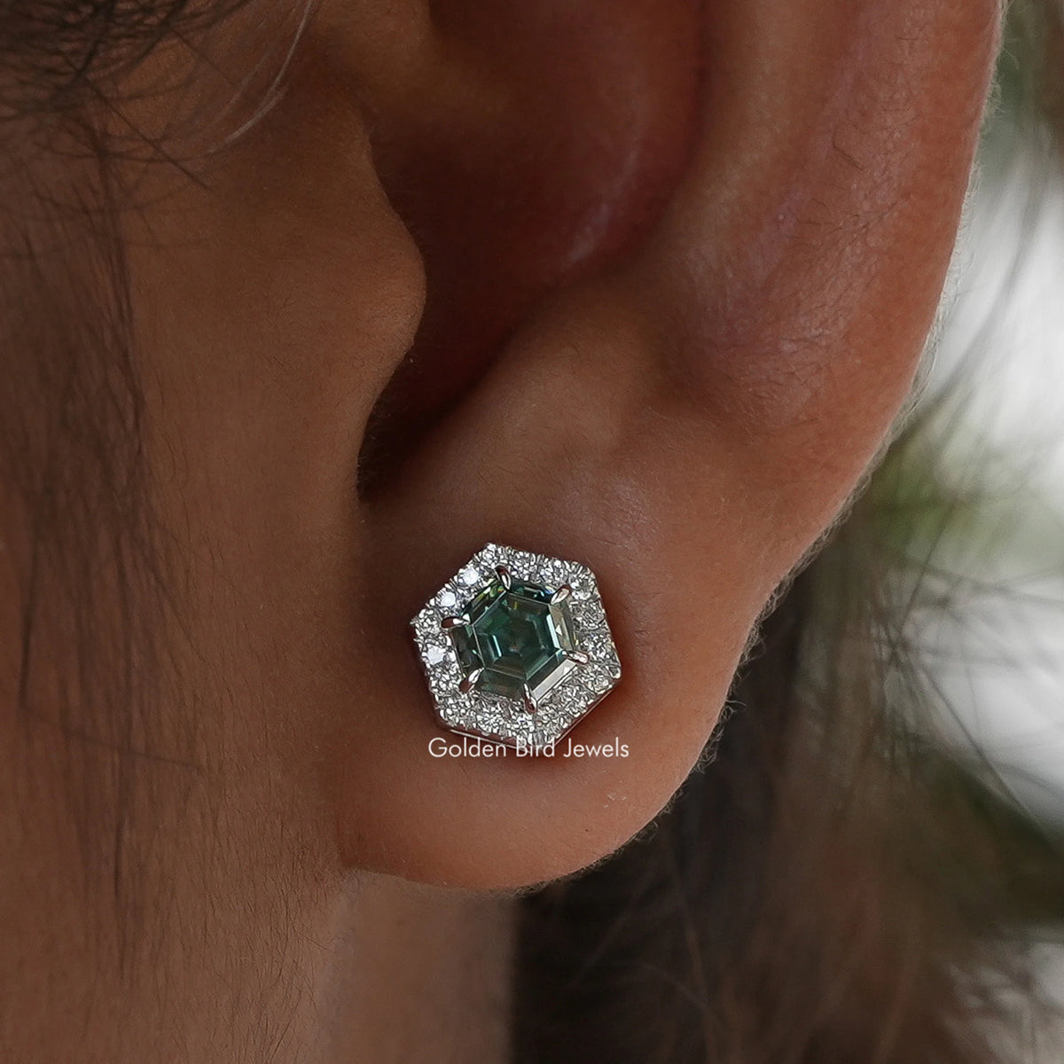 Hexagon Cut Halo Moissanite Stud Earrings