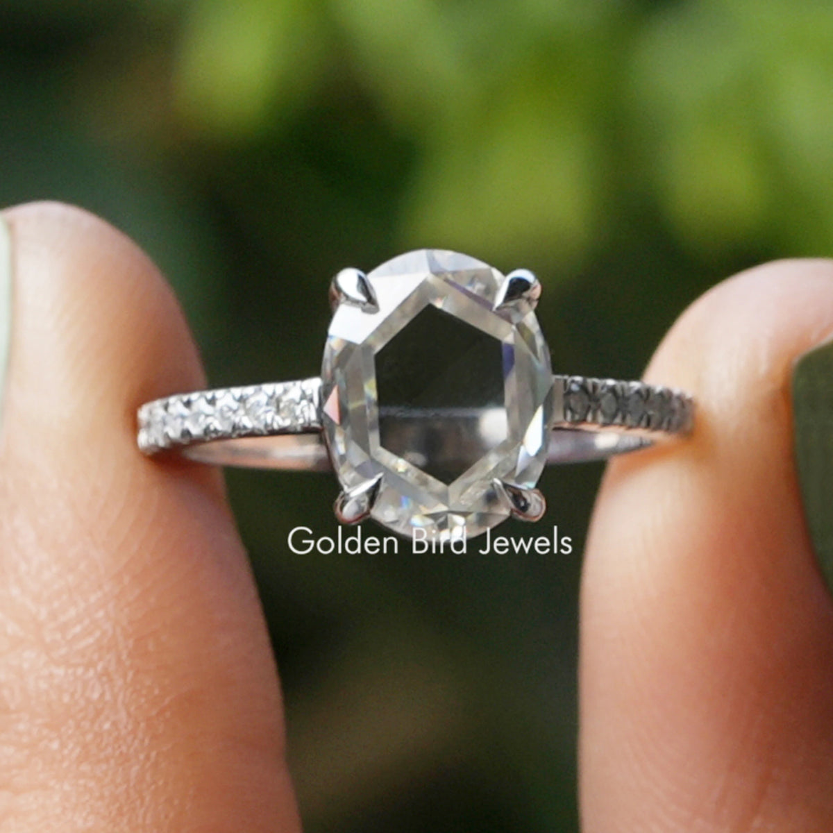 Portrait Cut Oval Moissanite Accent Ring