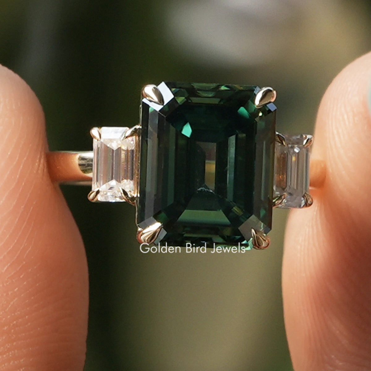 Green Emerald Moissanite Three Stone Ring