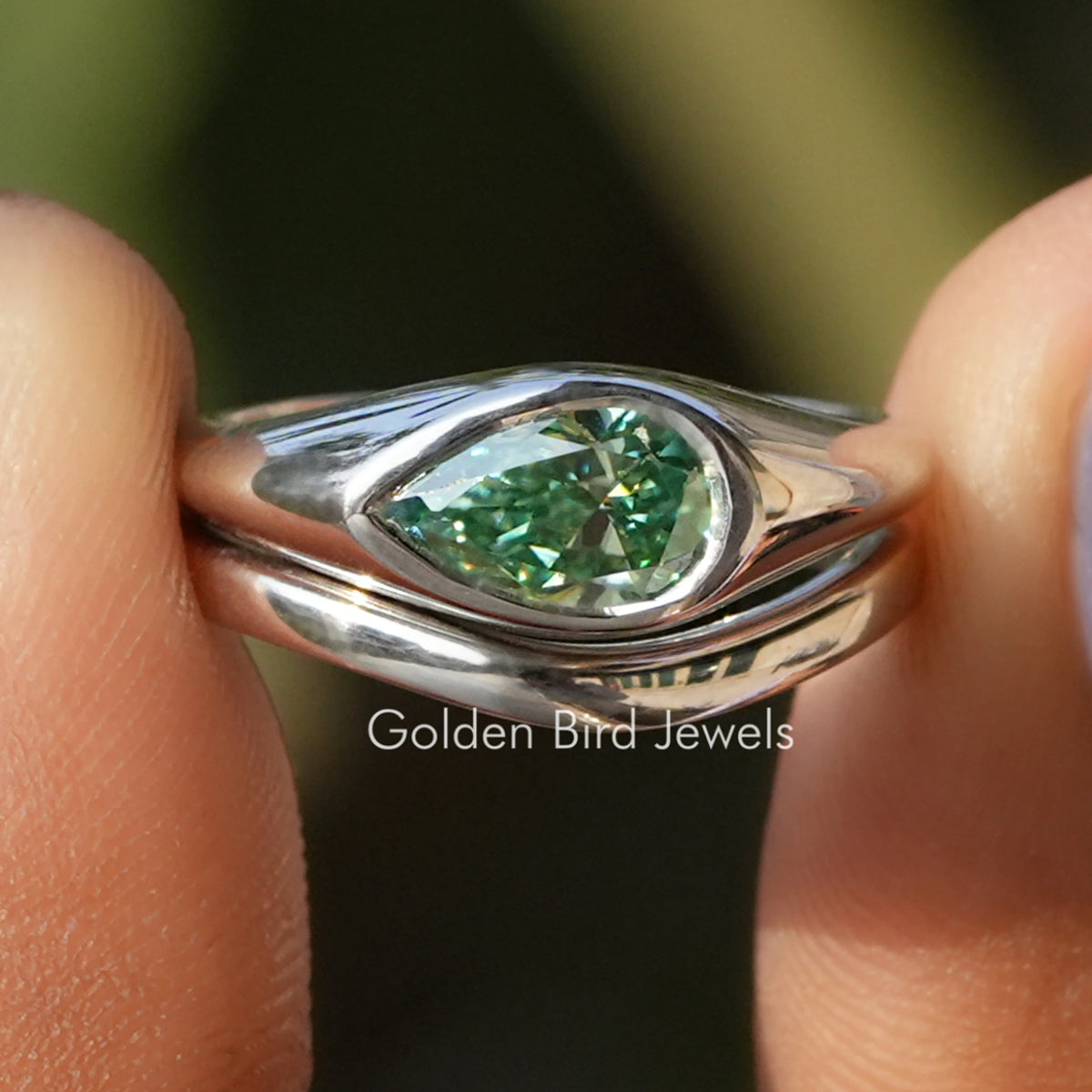 East-West Pear Cut Solitaire Moissanite Ring Set