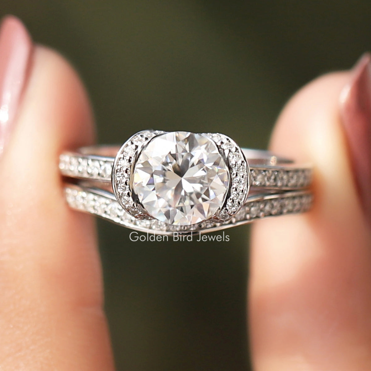 Round Cut Moissanite Halo Bridal Ring Set