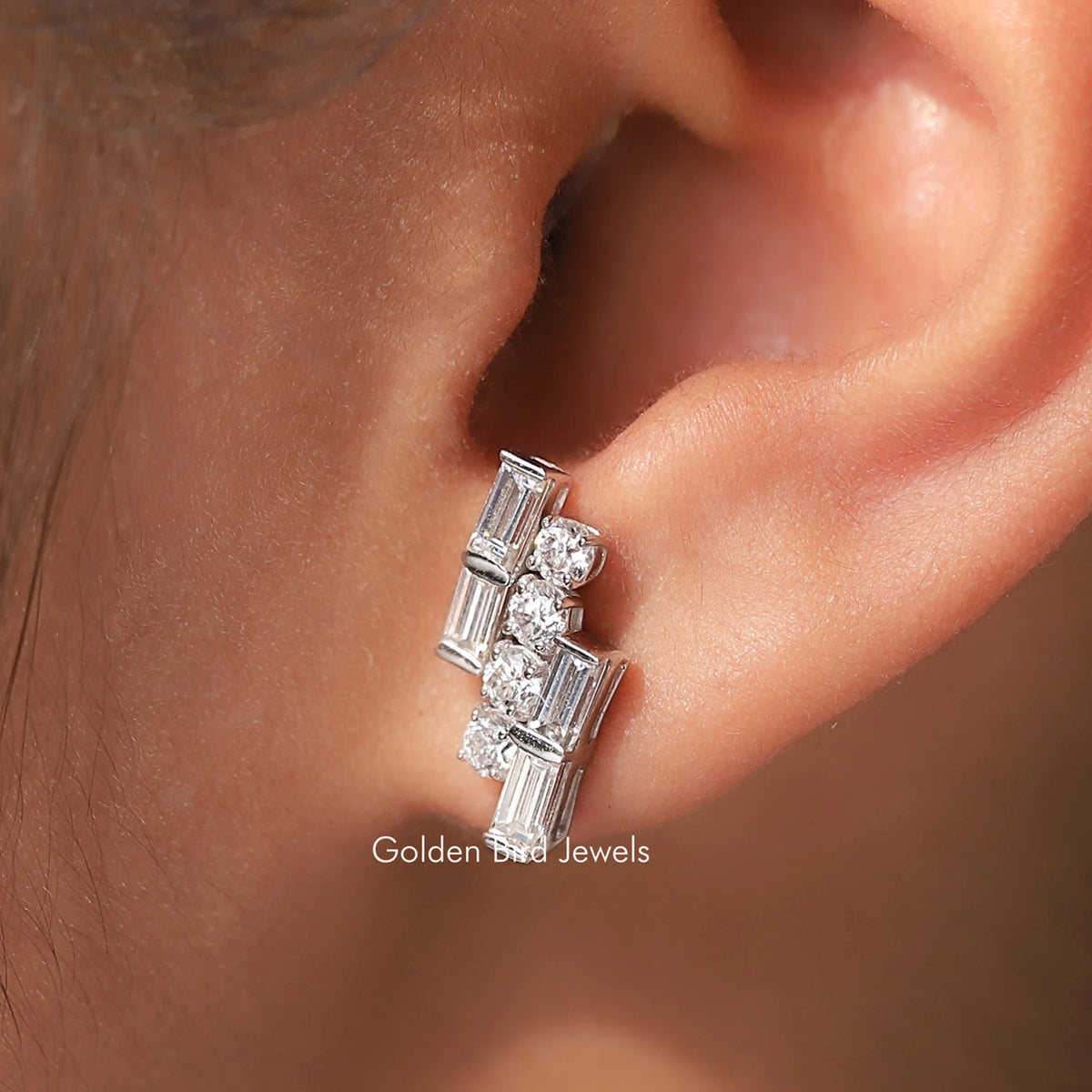 Moissanite Round And Baguette Stud Earrings