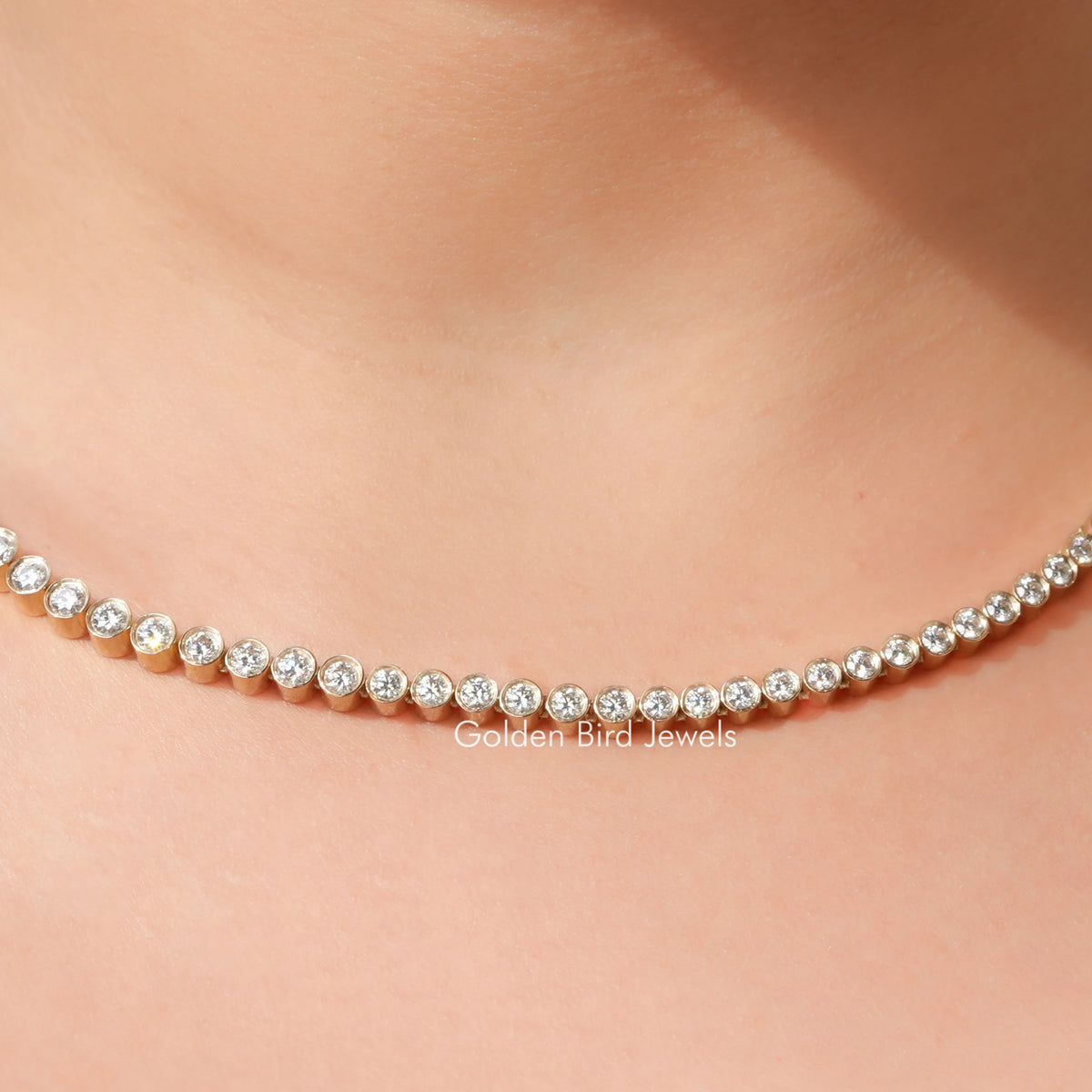 14K Solid Gold Round Moissanite Tennis Necklace