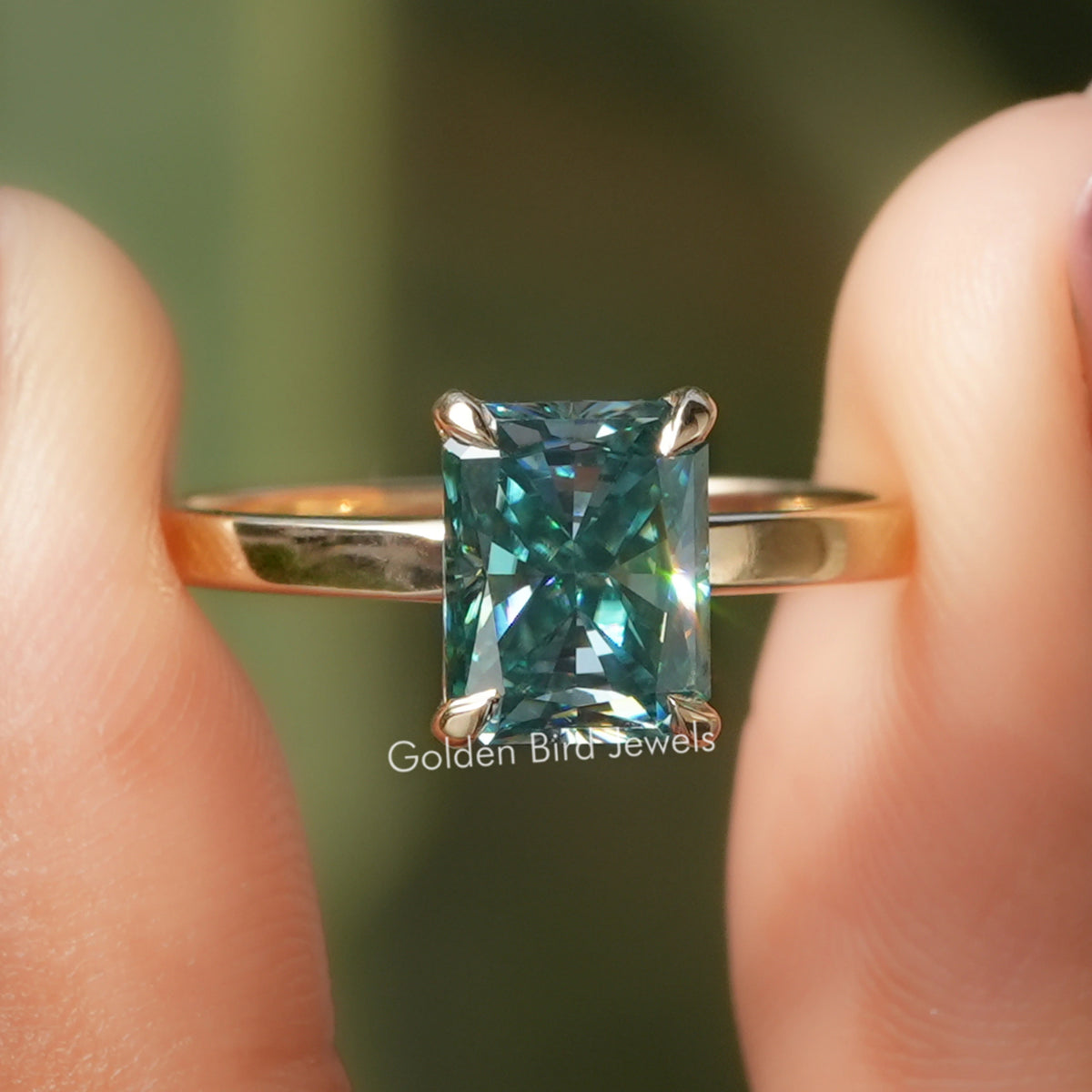 Blue Radiant Cut Solitaire Moissanite Ring