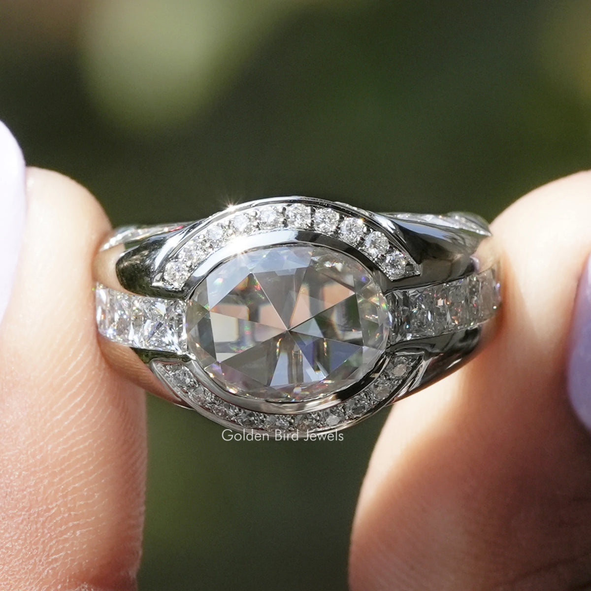 Moissanite Rose Cut Oval Halo Engagement Ring