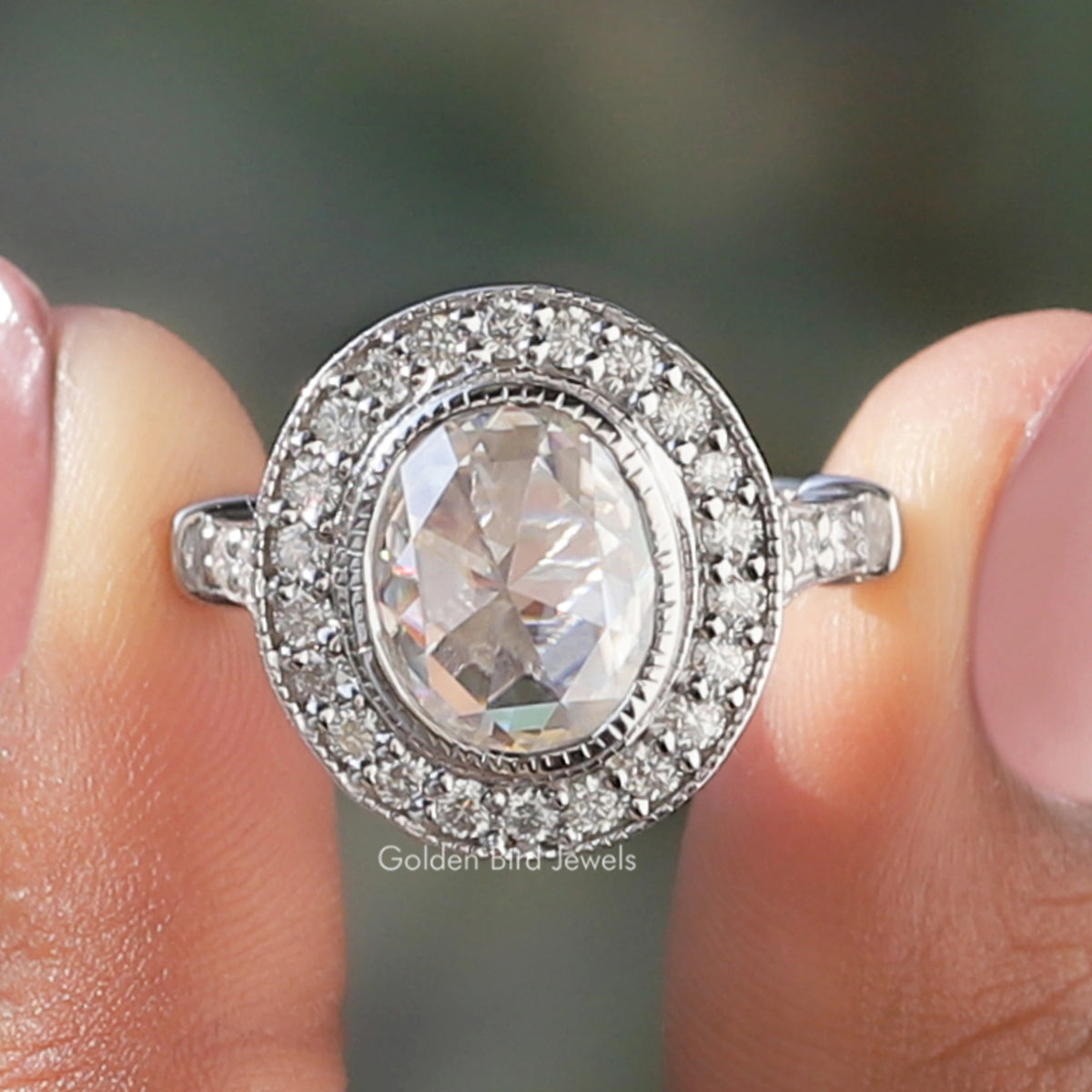 Rose Cut Oval Moissanite Halo Engagement Ring