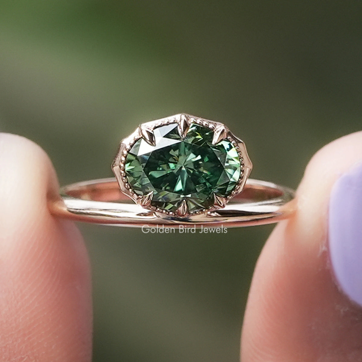 East West Dark Green Oval Cut Moissanite Solitaire Ring