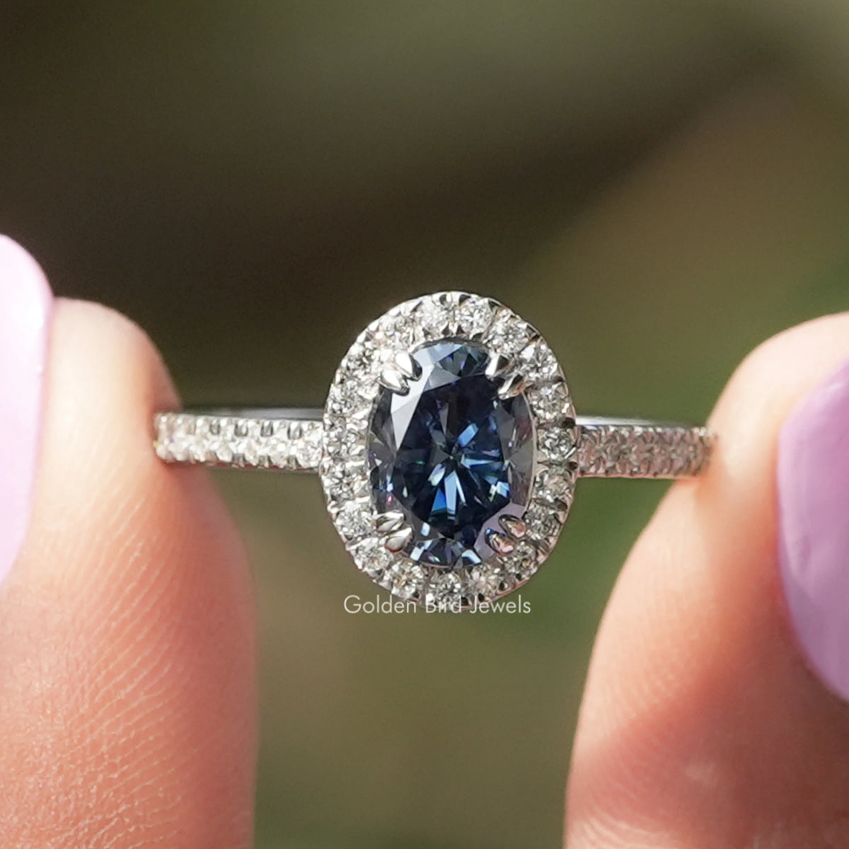 Sapphire Blue Oval Cut Halo Engagement Ring