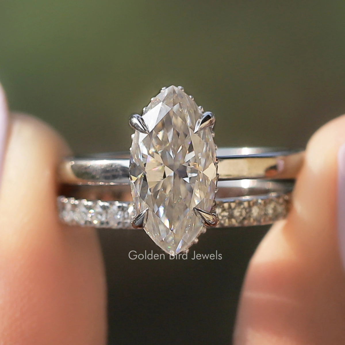 Marquise Cut Moissanite Hidden Halo Engagement Ring Set