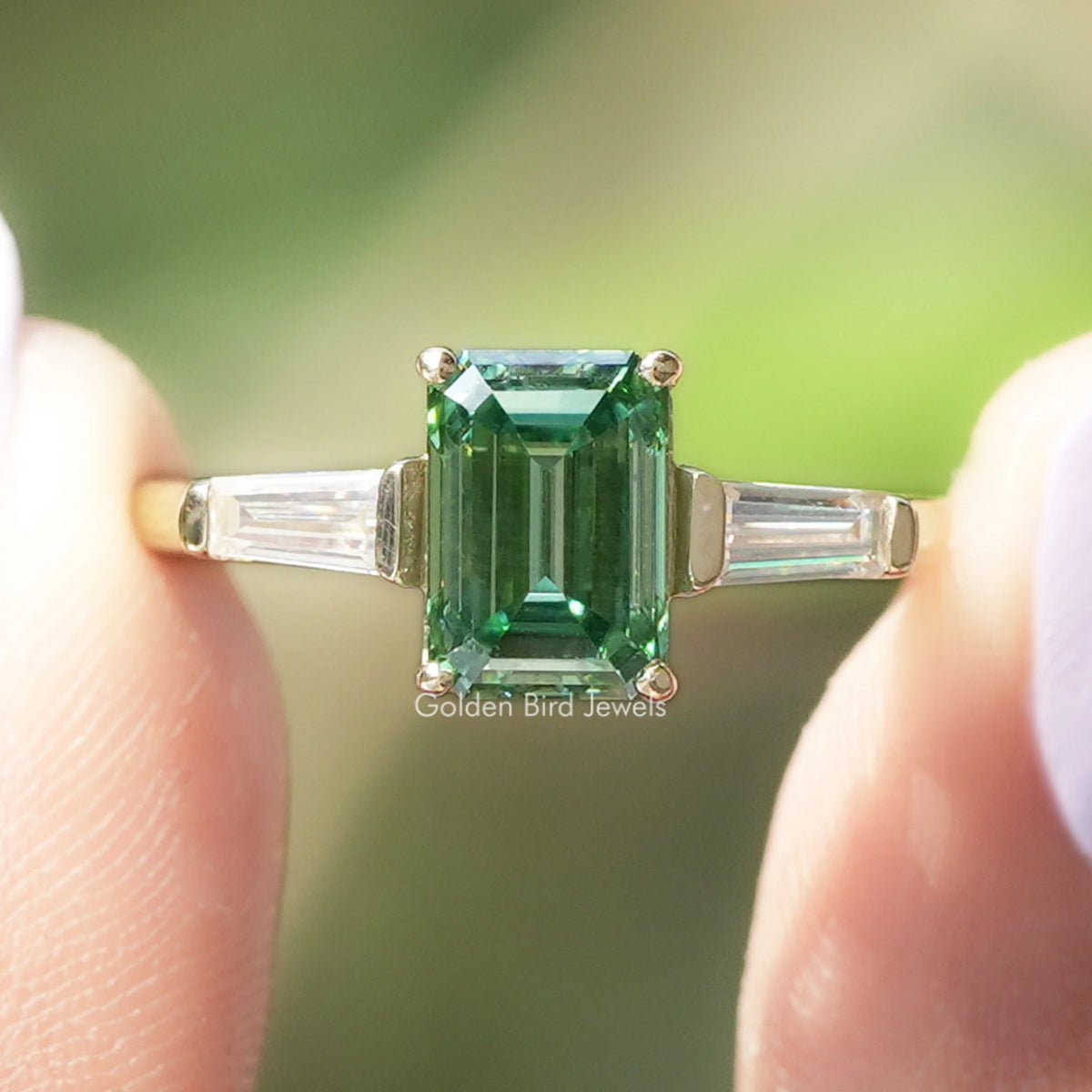 Green Emerald Cut Moissanite Engagement Ring