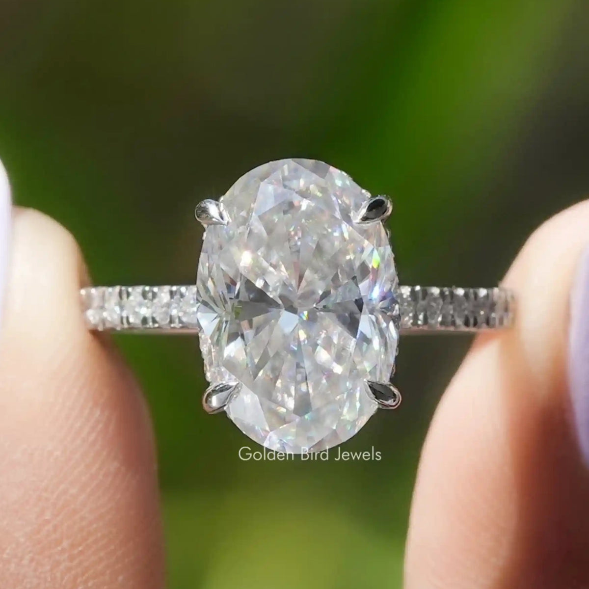 Crushed Ice Oval Moissanite Hidden Halo Ring