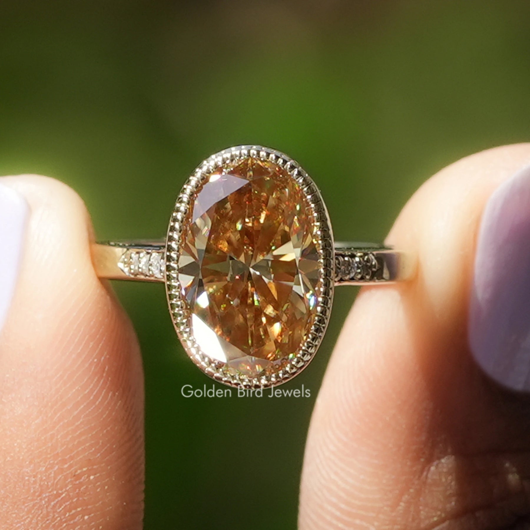 Champagne Oval Cut Solitaire Moissanite Accent Ring