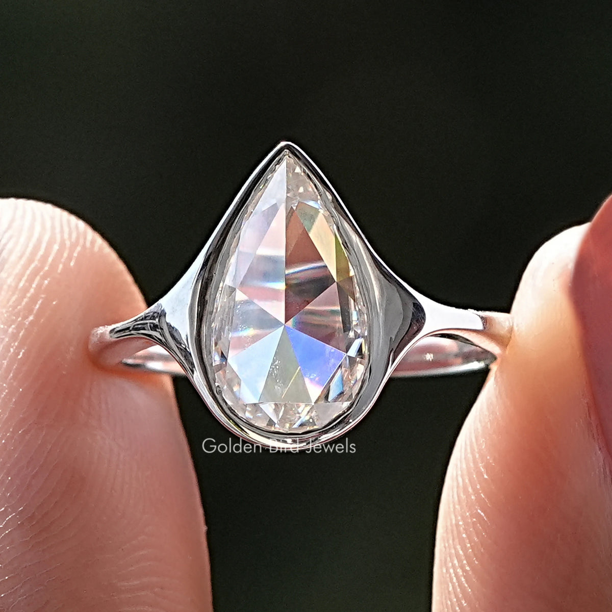 Rose Cut Pear Moissanite Bezel Set Ring