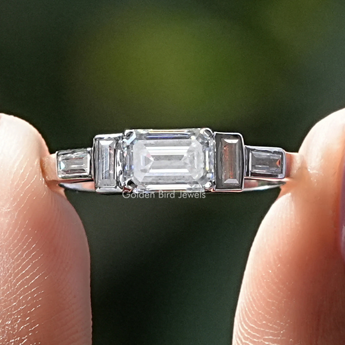 Emerald And Baguette Moissanite Engagement Ring