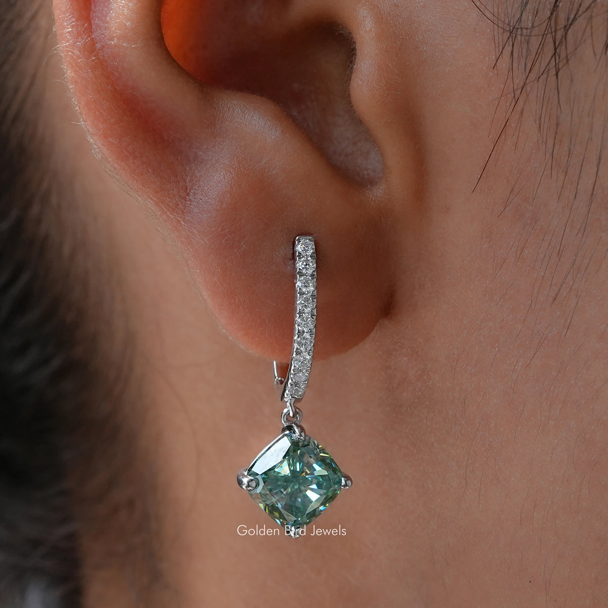 Cushion Cut Blue Green Moissanite Drop Dangle Earrings