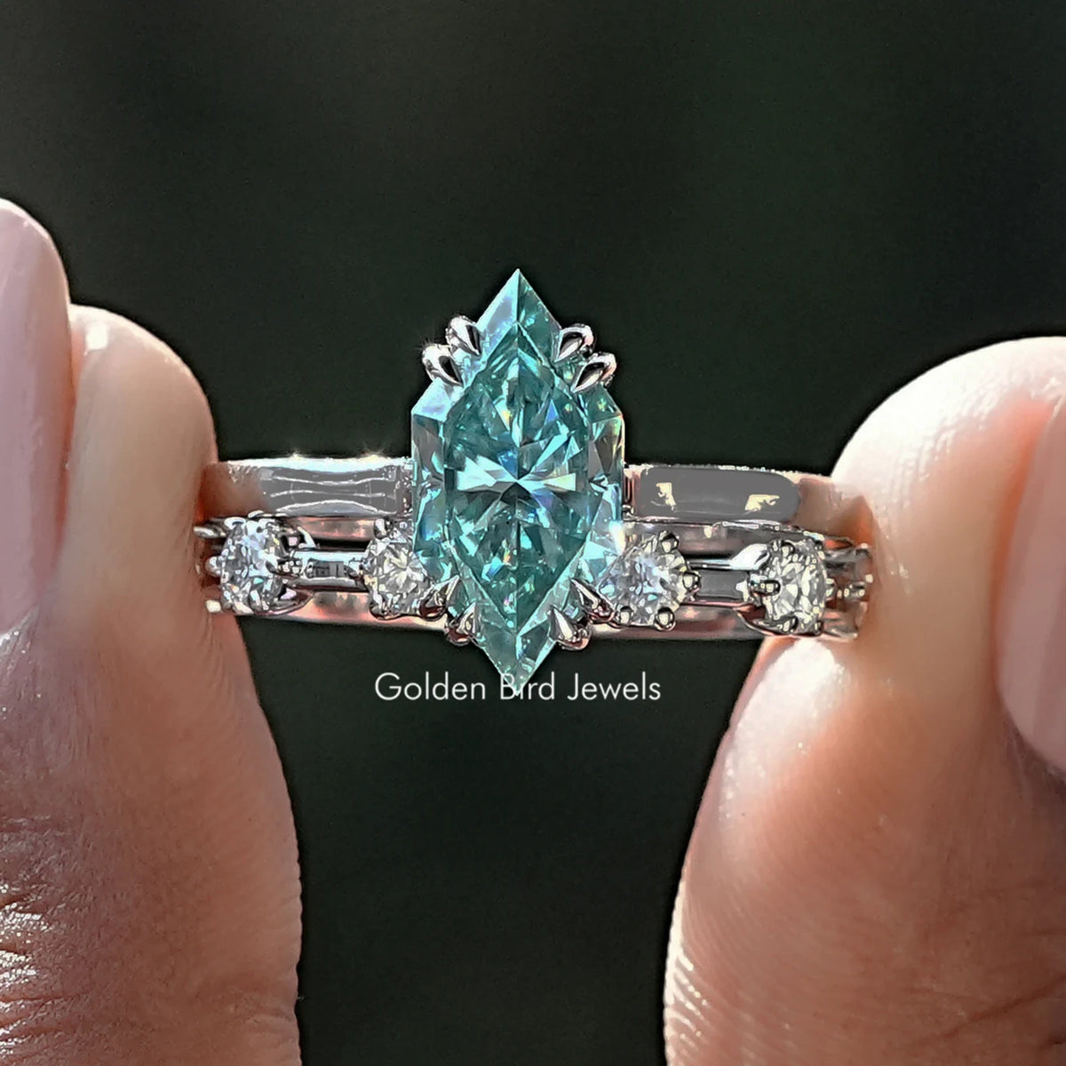 Blue Dutch Marquise Cut Moissanite Bridal Ring Set