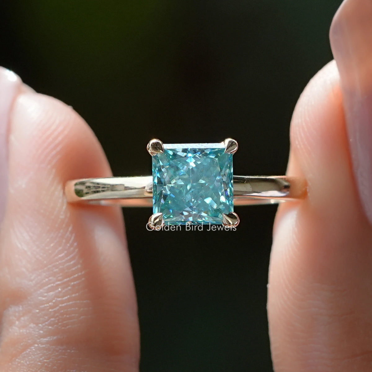 Cyan Blue Princess Cut Moissanite Solitaire Ring