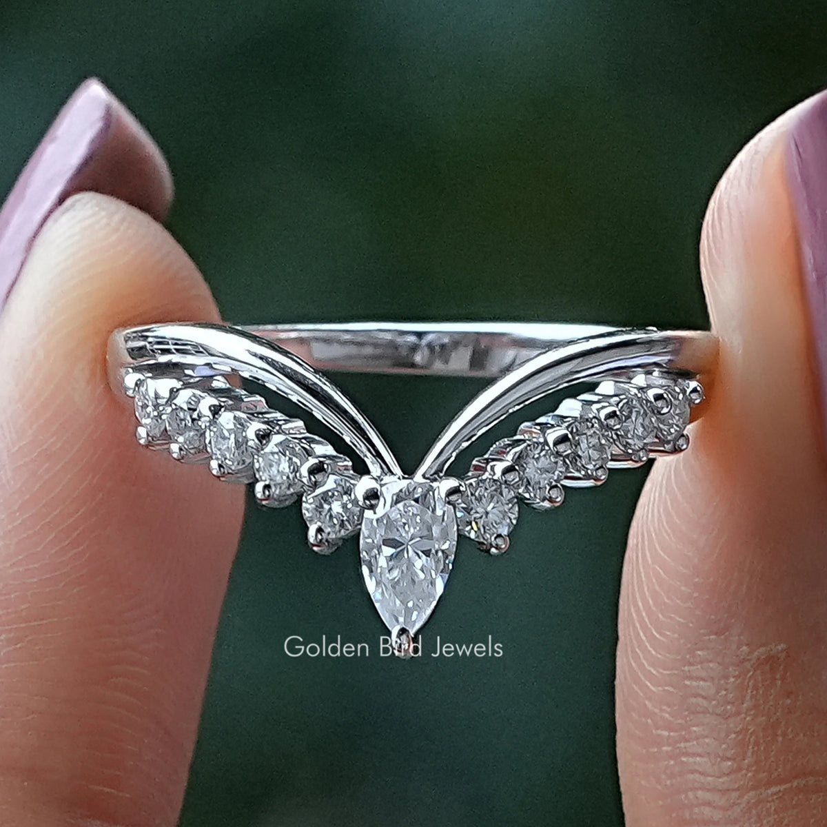 Pear Shaped Moissanite Chevron Wedding Band