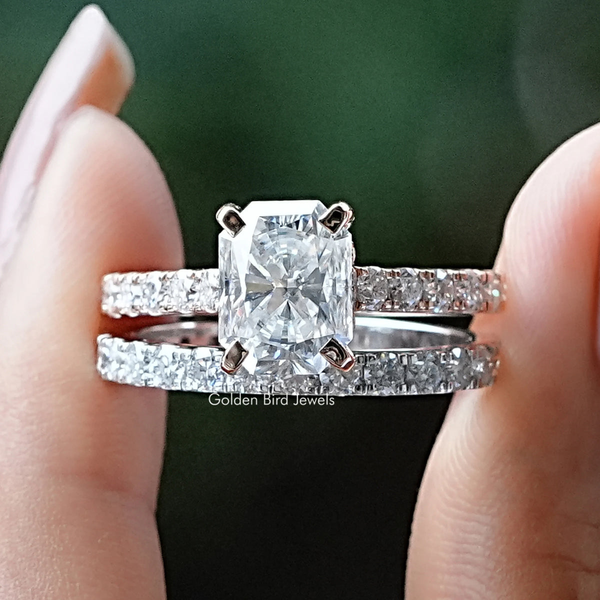 Radiant And Round Cut Moissanite Bridal Ring Set