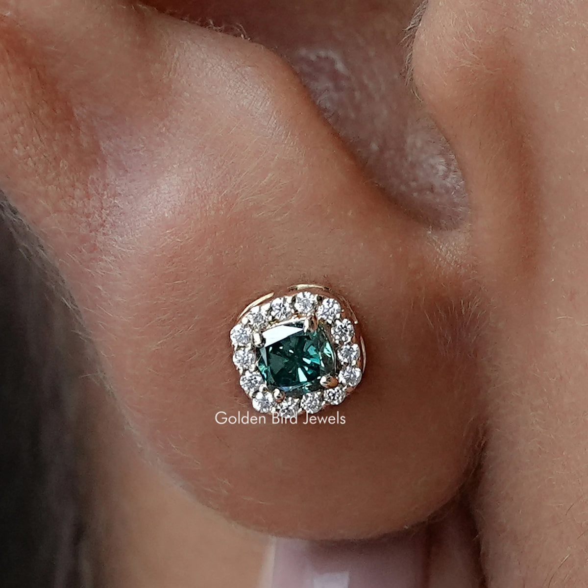 Blue Cushion Cut Halo Moissanite Stud Earrings