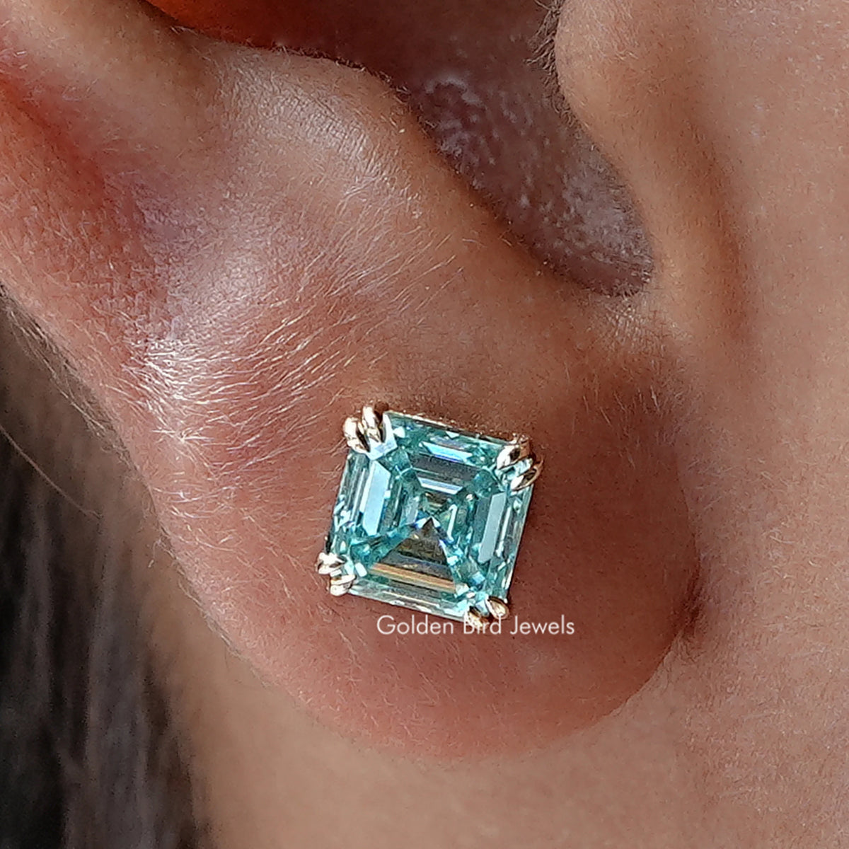 Blue Asscher Moissanite Solitaire Stud Earrings