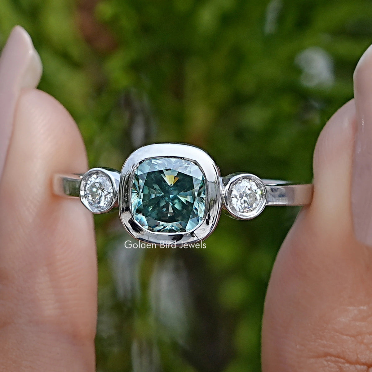 Three Stone Cushion Cut Moissanite Engagement Ring