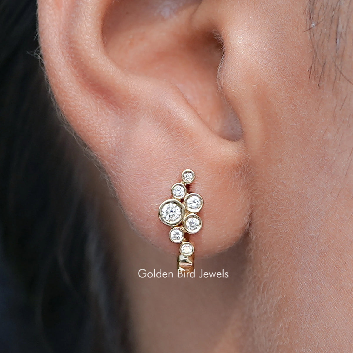 Close Up View of Round Lab Diamond Bezel Set U Shape Hoop Earrings