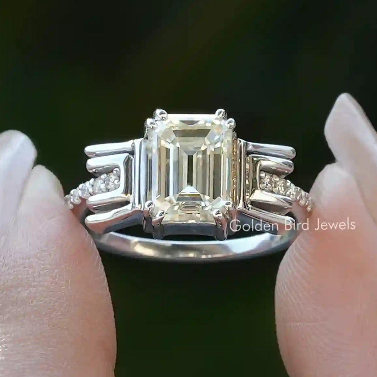 Old Mine Emerald Cut Moissanite Bridal Ring