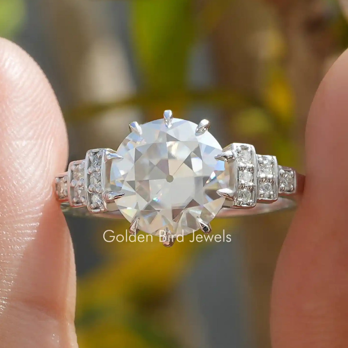 Old European Round Cut Accent Stone Moissanite Ring