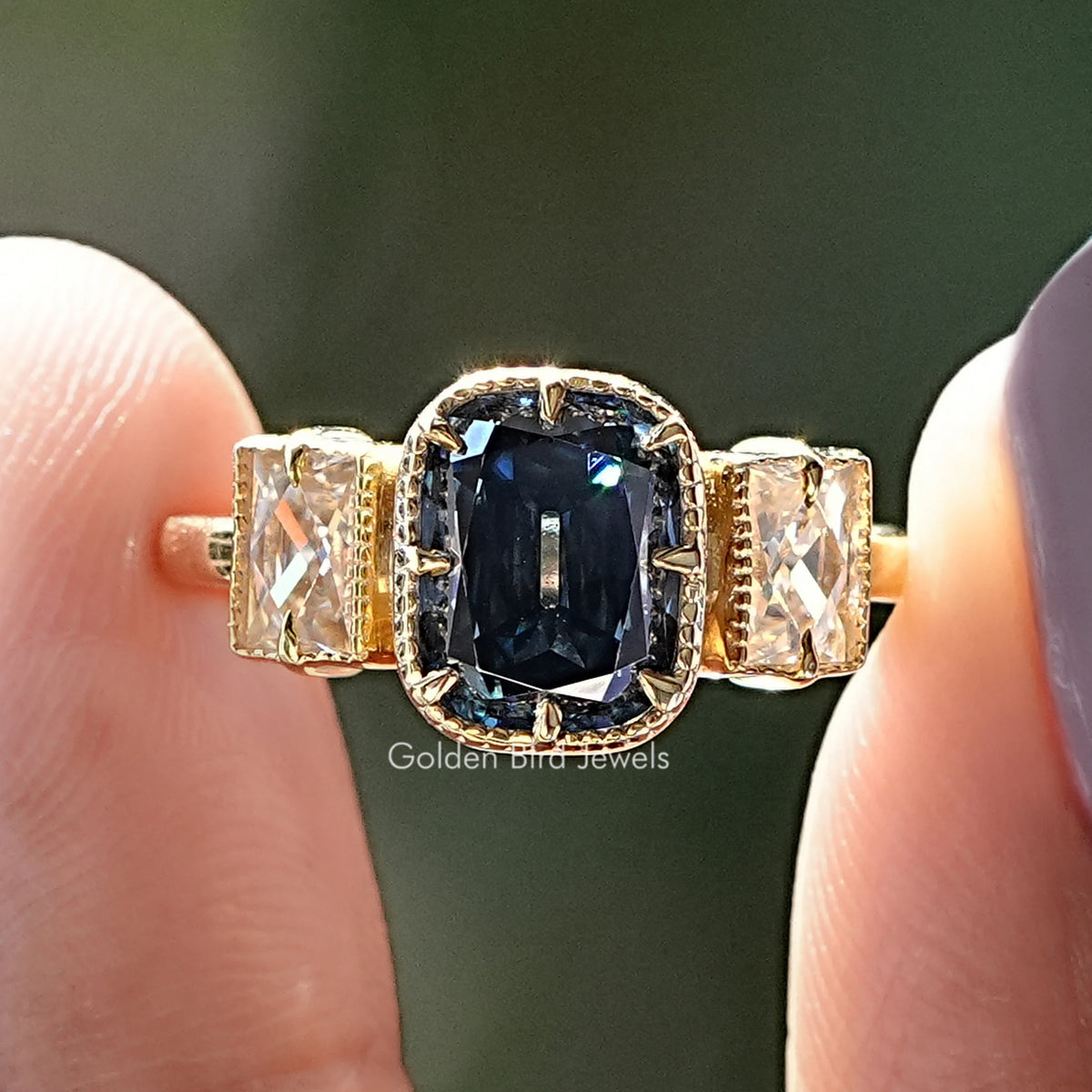 Old Mine Criss Cushion Moissanite Three Stone Ring