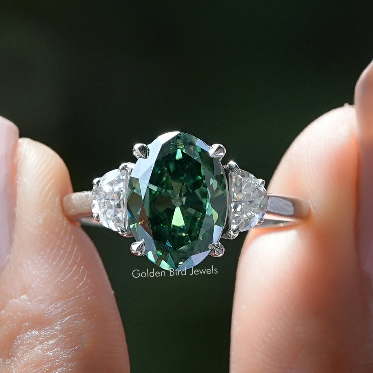 Dark Green Old Mine Oval Moissanite Three Stone Ring