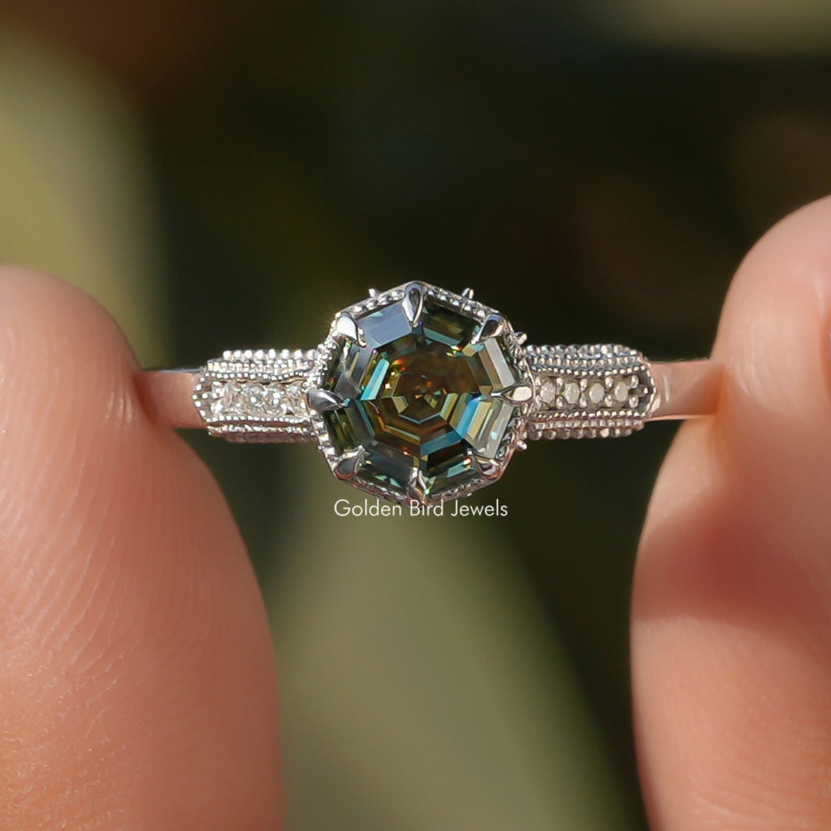 Step Cut Octagon Moissanite Accent Ring