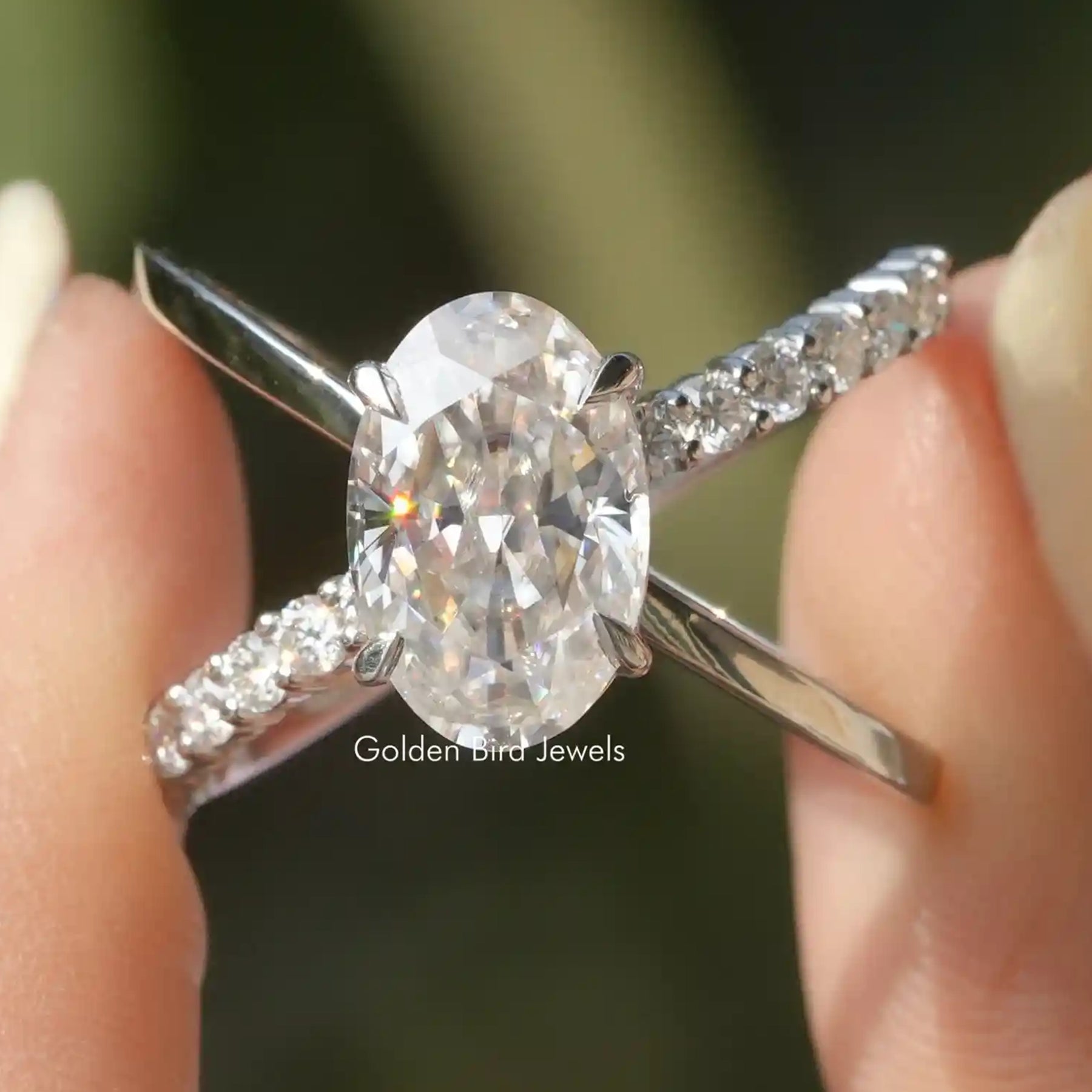 Crushed Ice Oval Moissanite Split Shank Accent Ring