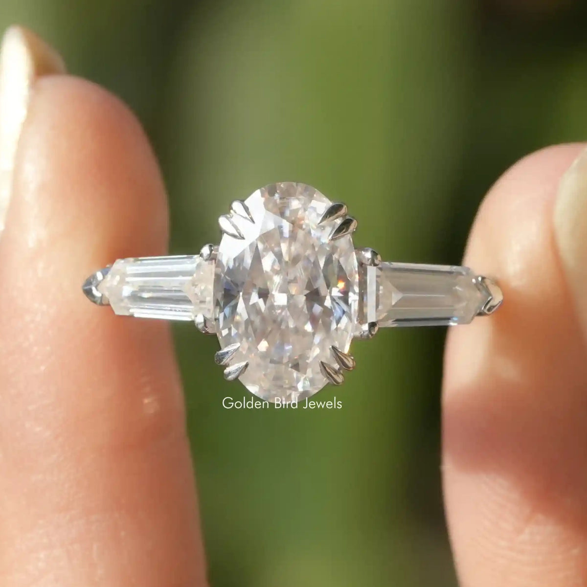 Oval And Bullet Cut Moissanite Three Stone Accent Ring