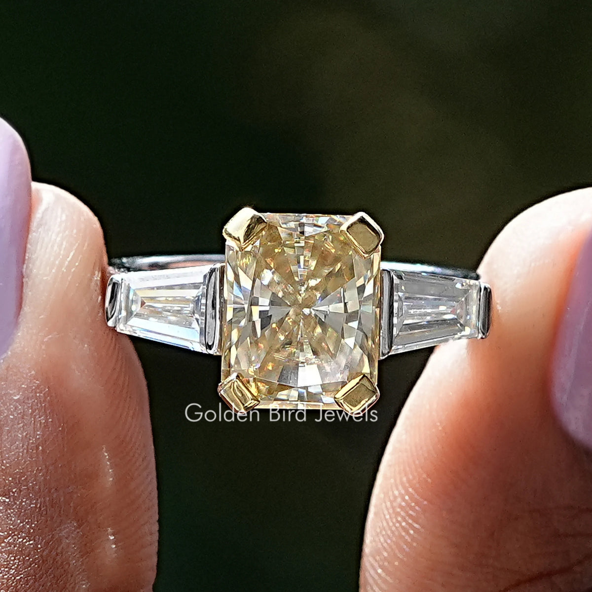 Radiant And Tapered Baguette Moissanite 3 Stone Ring