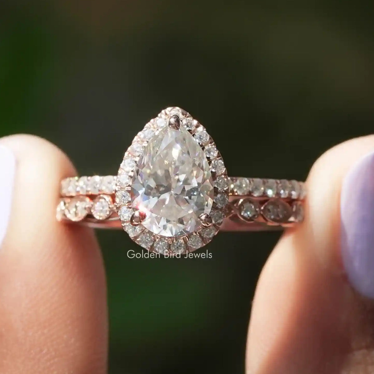 Pear Cut Moissanite Halo Bridal Ring Set