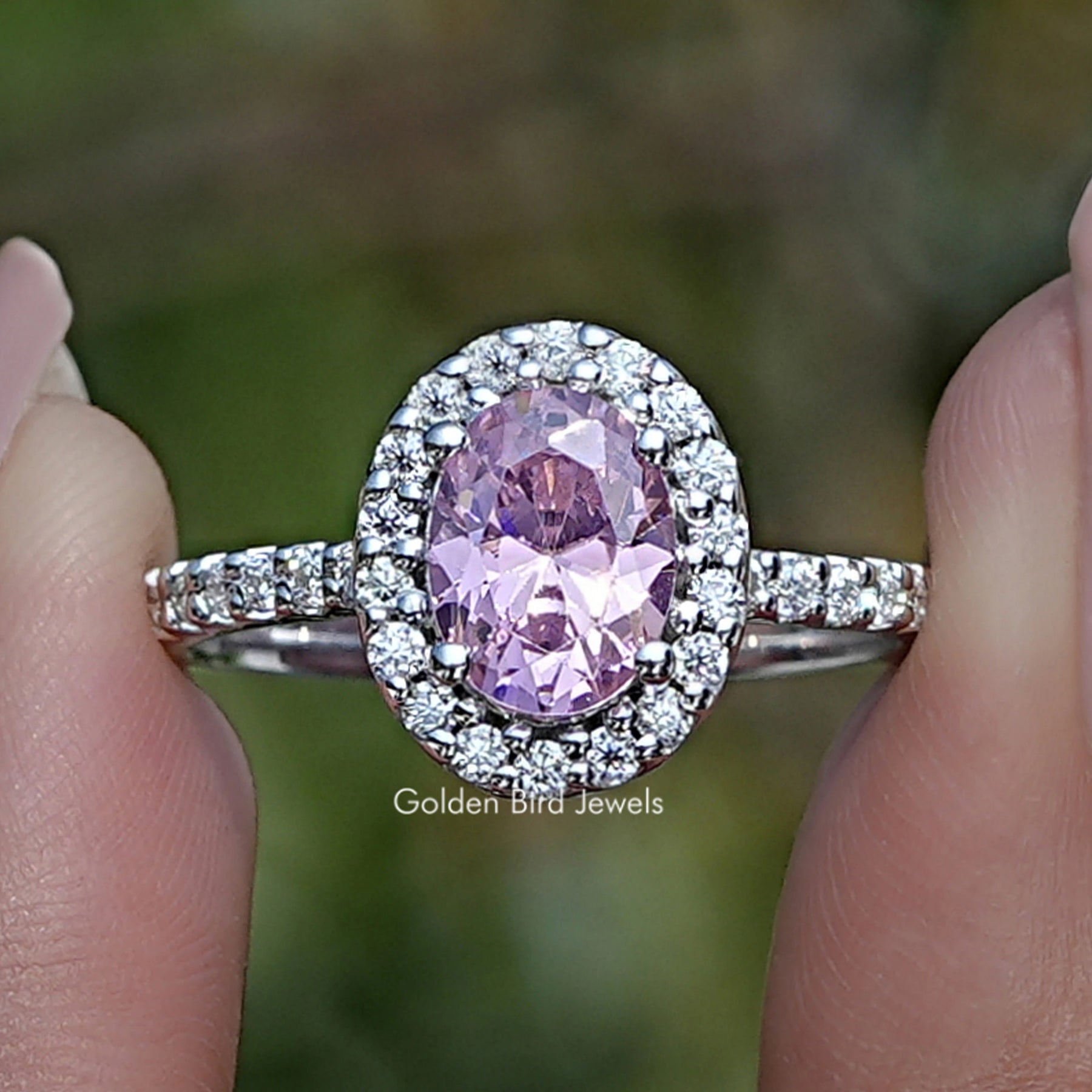 Tourmaline Pink Oval Gemstone Halo Accent Ring