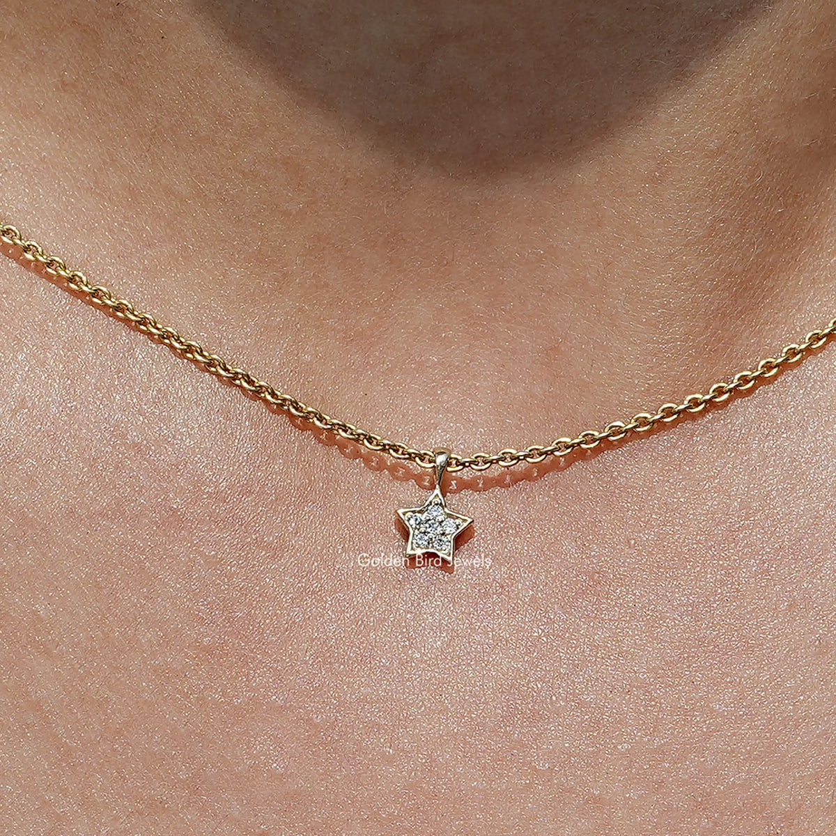 Close up view of Star Shaped Round Cut Lab Diamond Pendant