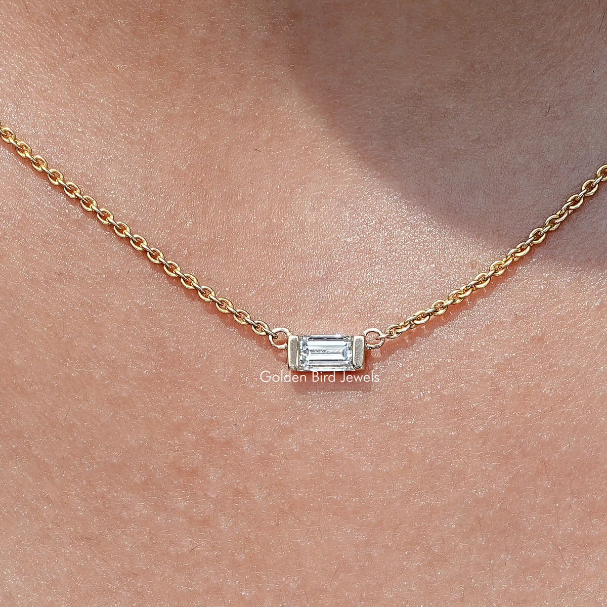 Close up view East West Baguette Cut Lab Diamond Pendant