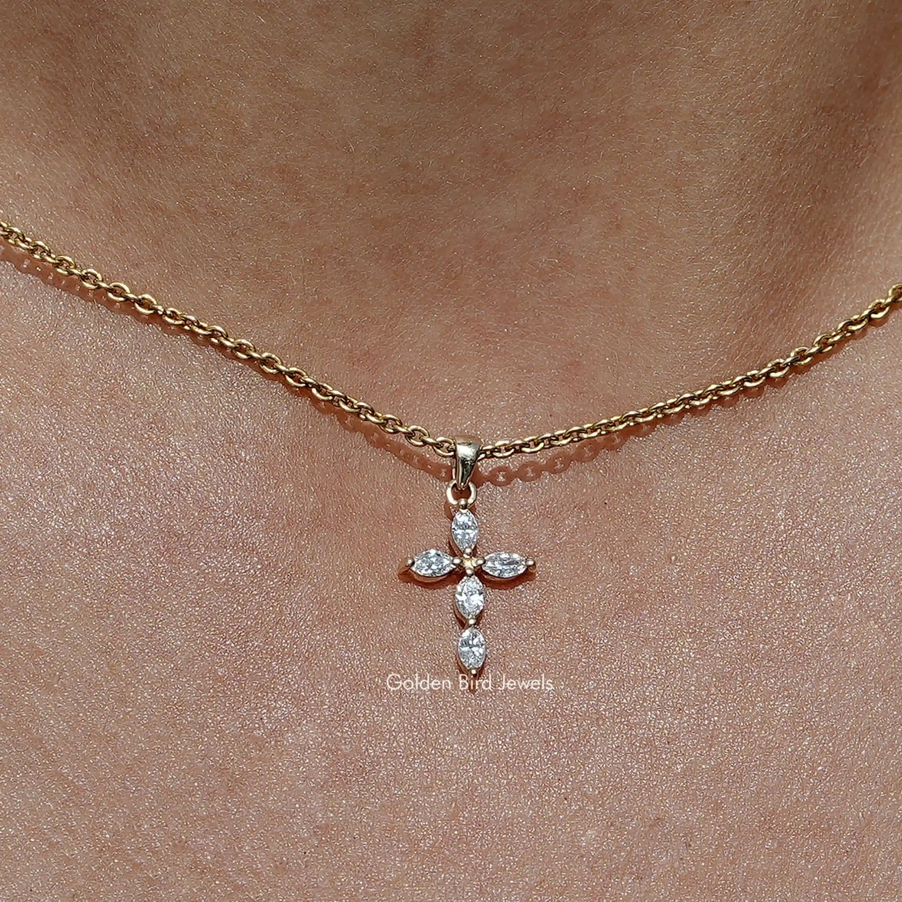 Close up view Marquise Cut Lab Diamond Cross Pendant