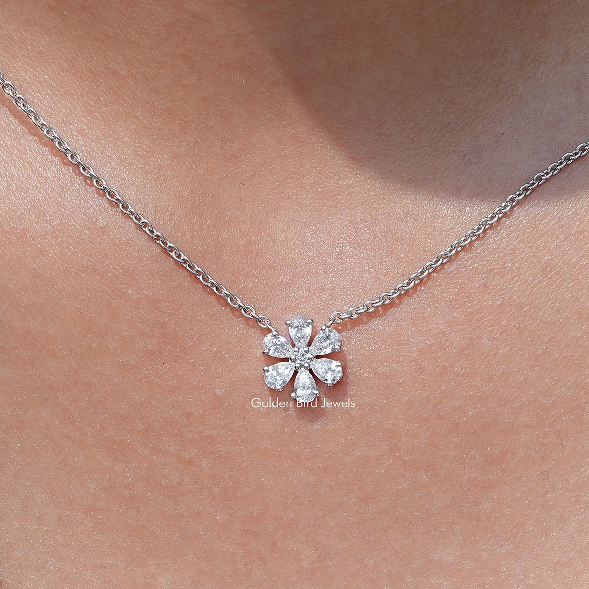 Close up view Pear Cut Diamond Floral Minimalist Pendant