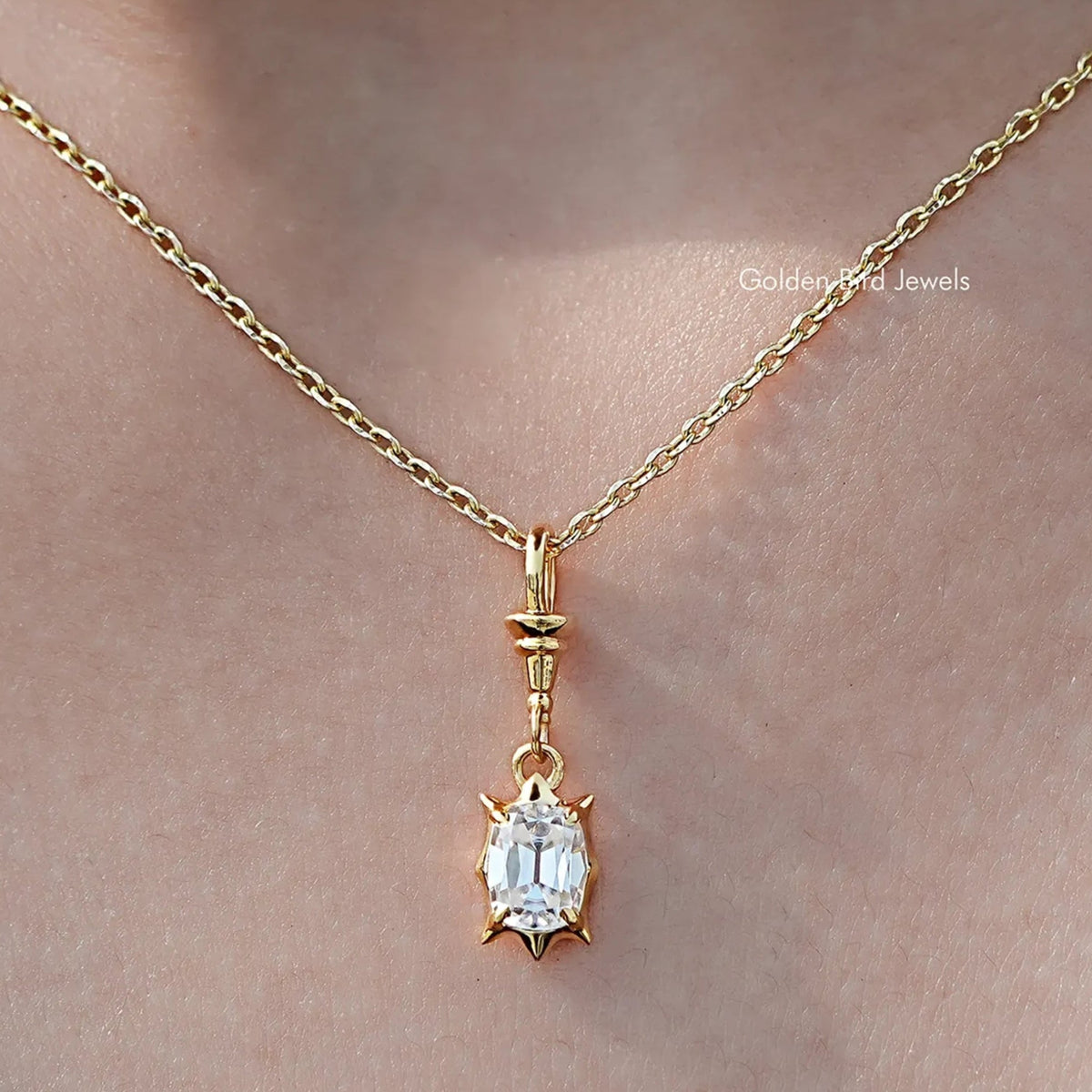 In neck View Of Old Mine Cushion Moissanite Pendant