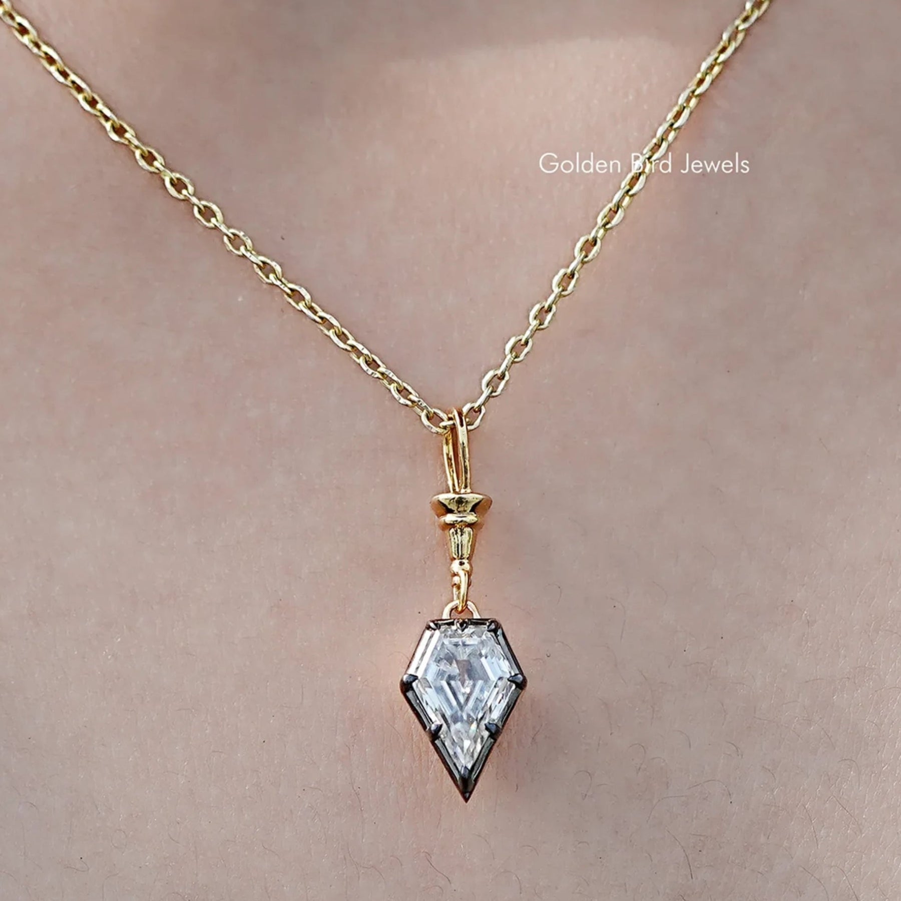 In neck View Of Old Mine Shield Moissanite Pendant