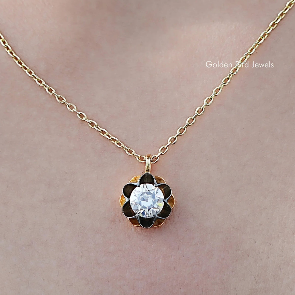 In neck View Of Old European Cut Round Moissanite Flower Style Pendant