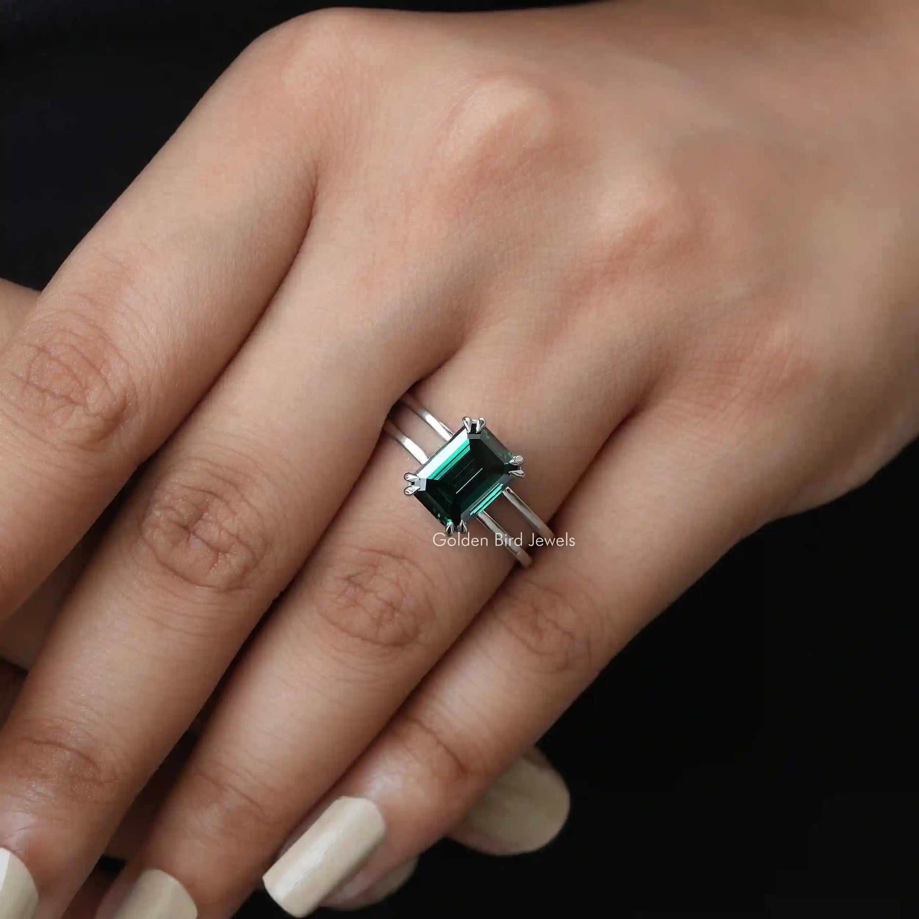 View of Moissanite Emerald Cut Engagement Ring In White Gold