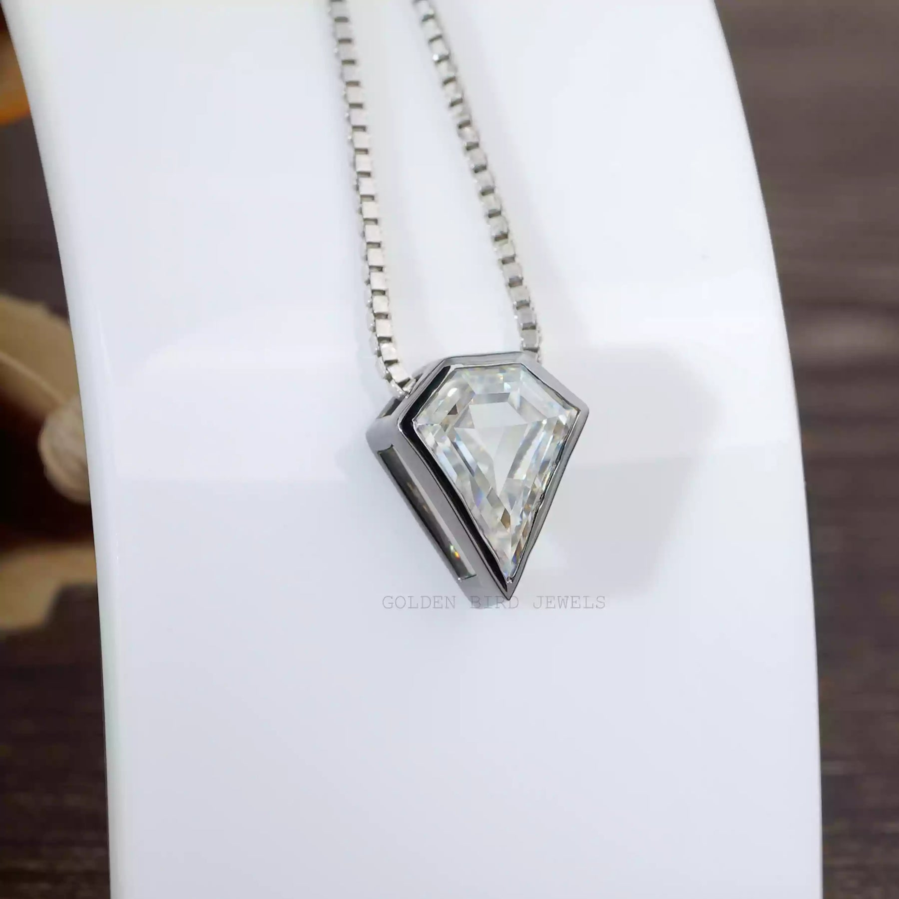 Detailed view of moissanite Pentagon pendant