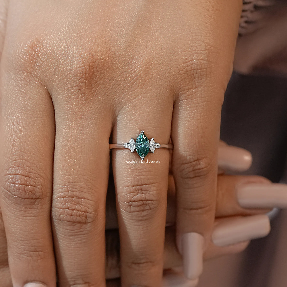 Green Marquise Moissanite Three Stone Engagement Ring