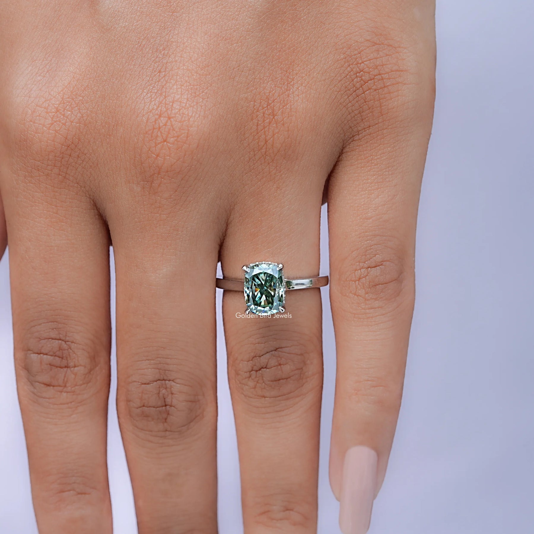 Top view of Fancy Green Elongated cushion moissanite hidden halo ring for women 's wear