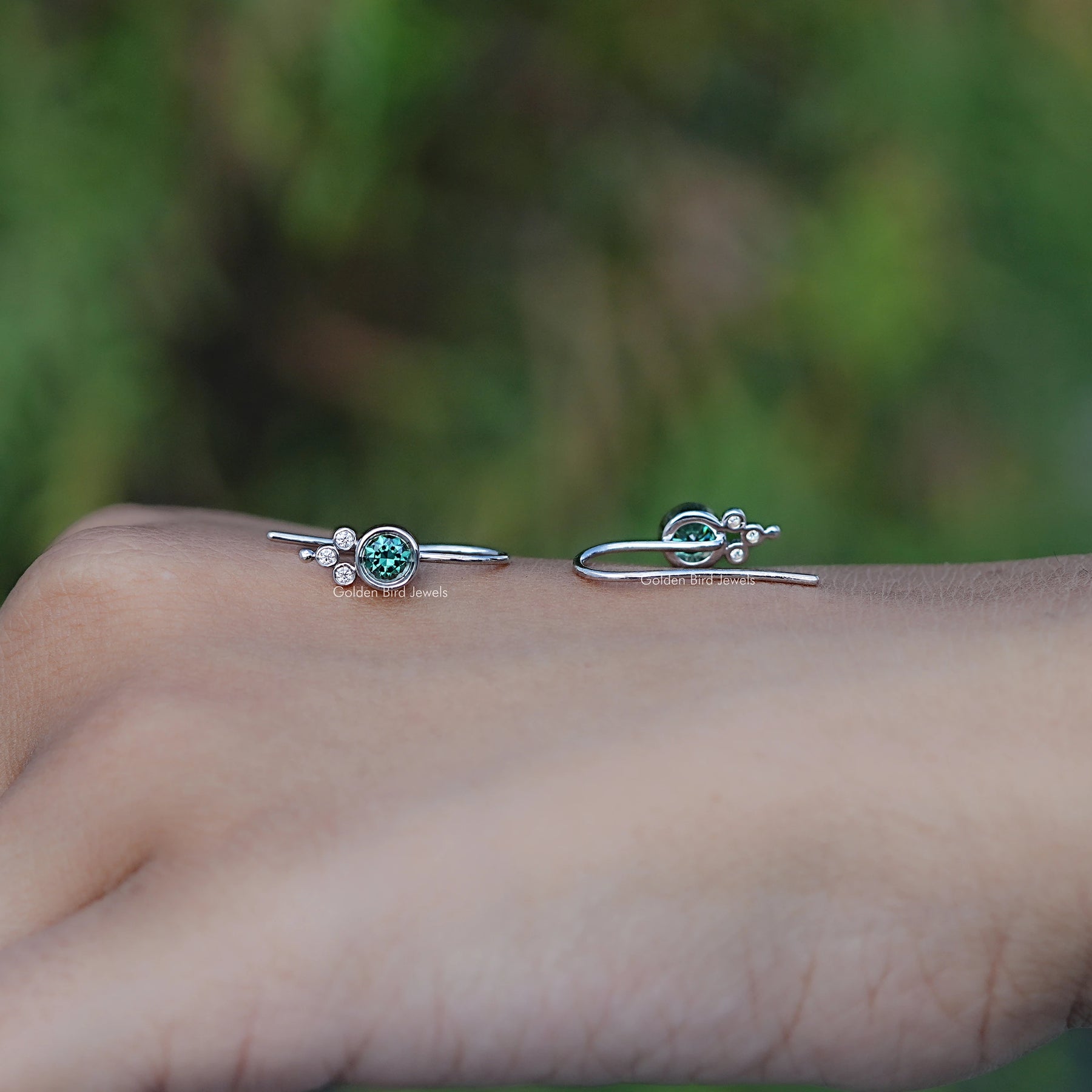 Front And Back Side View Of Green Round Moissanite Earwire Drop Earrings