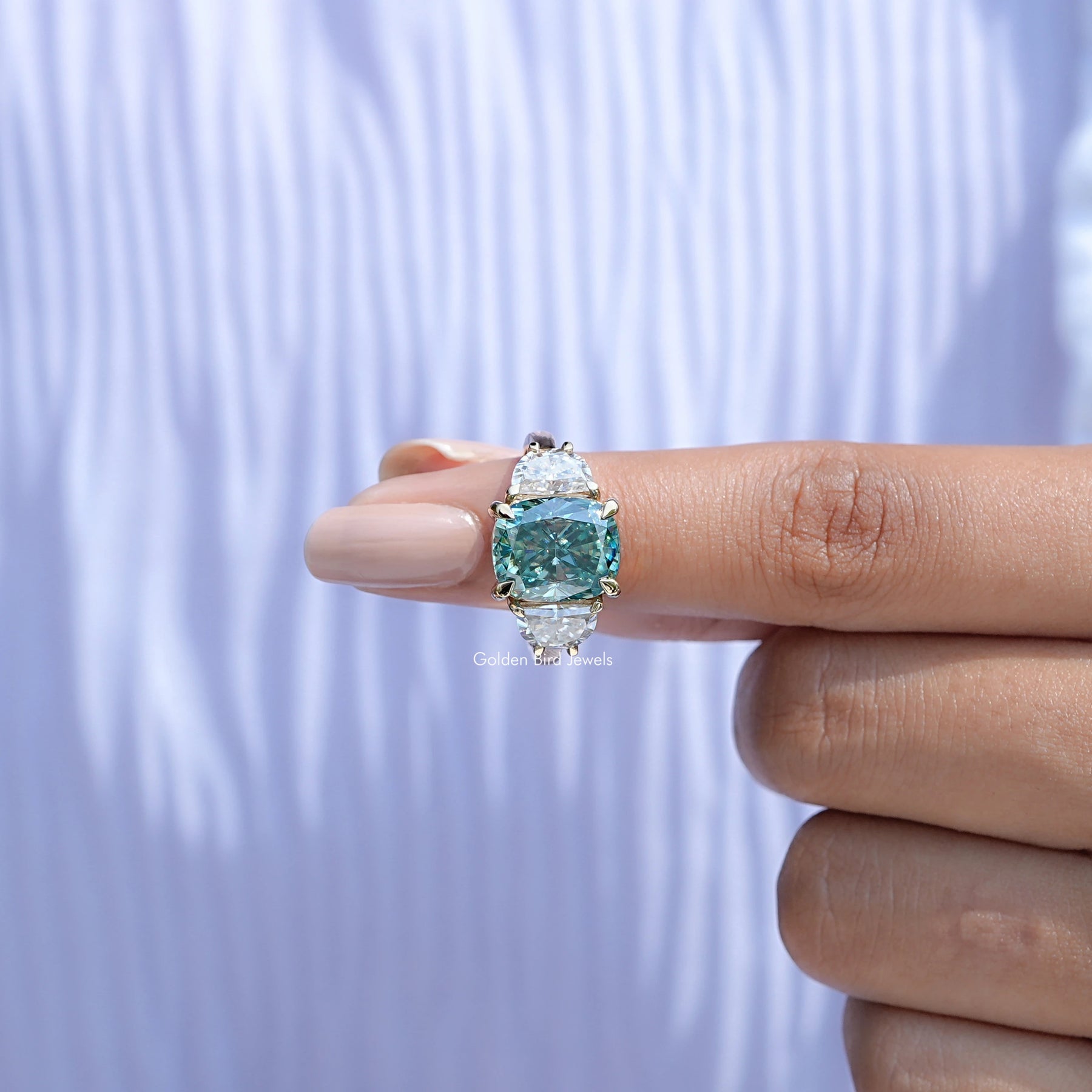 Elongated Green Cushion Cut Moissanite Three Stone Ring